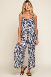 Navy Blue Floral Wide Leg Crop Maternity Jumpsuit