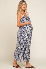 Navy Blue Floral Wide Leg Crop Maternity Jumpsuit