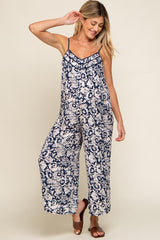 Navy Blue Floral Wide Leg Crop Maternity Jumpsuit