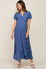 Navy Blue Floral Wrap Front V-Neck Short Sleeve Maternity Midi Dress