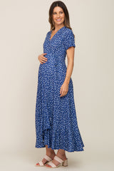 Navy Blue Floral Wrap Front V-Neck Short Sleeve Maternity Midi Dress