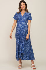 Navy Blue Floral Wrap Front V-Neck Short Sleeve Maternity Midi Dress