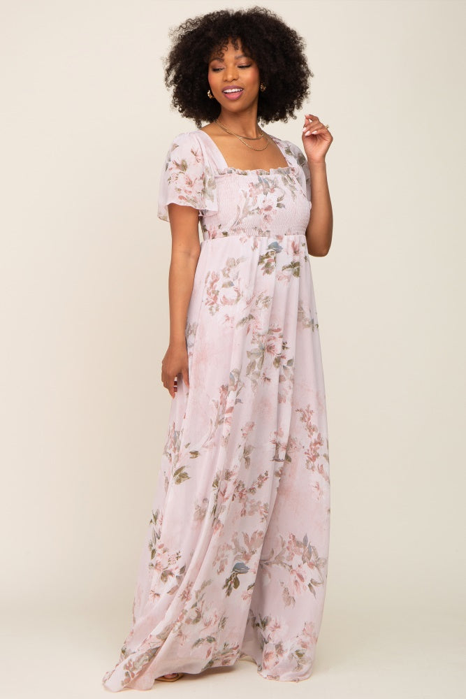 Light Pink Floral Chiffon Smocked Short Sleeve Maternity Maxi Dress PinkBlush