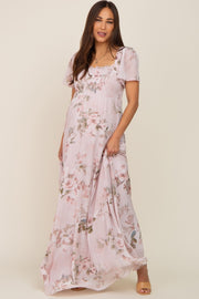 Light Pink Floral Chiffon Smocked Short Sleeve Maternity Maxi Dress