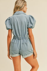 Light Denim Romper With Puff Sleeves