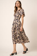 Navy Flower Print Placket Front Midi Dress