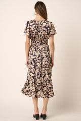 Navy Flower Print Placket Front Midi Dress