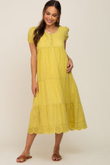 Lime Eyelet Button Front Tiered Scalloped Hem Maternity Midi Dress