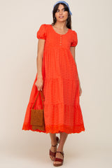 Coral Eyelet Button Front Tiered Scalloped Hem Midi Dress