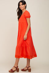 Coral Eyelet Button Front Tiered Scalloped Hem Midi Dress