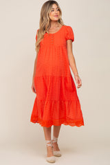 Coral Eyelet Button Front Tiered Scalloped Hem Maternity Midi Dress