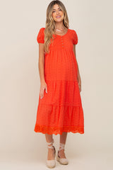 Coral Eyelet Button Front Tiered Scalloped Hem Maternity Midi Dress