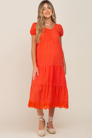 Coral Eyelet Button Front Tiered Scalloped Hem Maternity Midi Dress