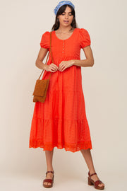 Coral Eyelet Button Front Tiered Scalloped Hem Midi Dress