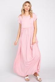 Light Pink Short Sleeve Pocketed Maxi Dress