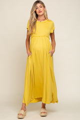 Yellow Short Sleeve Pocketed Maternity Maxi Dress