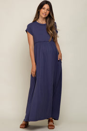 Navy Short Sleeve Pocketed Maternity Maxi Dress