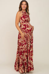 Burgundy Palm Open Back Halter Tiered Maternity Maxi Dress