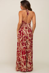 Burgundy Palm Open Back Halter Tiered Maternity Maxi Dress