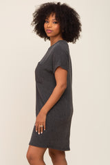 Charcoal Ribbed Front Pocket Dolman Short Sleeve Dress