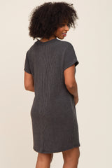 Charcoal Ribbed Front Pocket Dolman Short Sleeve Dress