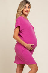 Magenta Ribbed Front Pocket Dolman Short Sleeve Maternity Dress