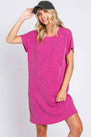 Magenta Ribbed Front Pocket Dolman Short Sleeve Dress