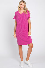 Magenta Ribbed Front Pocket Dolman Short Sleeve Dress