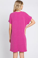 Magenta Ribbed Front Pocket Dolman Short Sleeve Dress