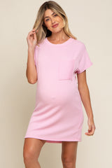 Light Pink Ribbed Front Pocket Dolman Short Sleeve Maternity Dress