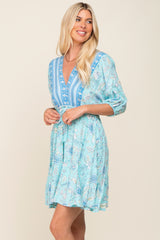 Light Blue Floral Border Print Dress