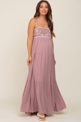 Mauve Floral Embroidery Maternity Maxi Dress