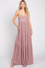 Mauve Floral Embroidery Maternity Maxi Dress