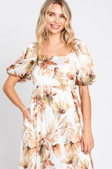 Cream Floral Satin Puff Sleeve Maxi Dress