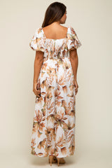 Cream Floral Satin Puff Sleeve Maternity Maxi Dress