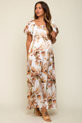 Cream Floral Satin Puff Sleeve Maternity Maxi Dress