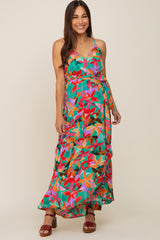 Green Floral Hi-Lo Maternity Wrap Maxi Dress