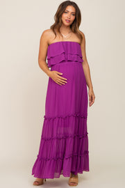 Purple Chiffon Strapless Ruffle Tiered Maternity Maxi Dress