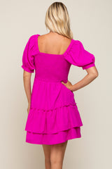 Magenta Puff Sleeve Ruffle Accent Dress