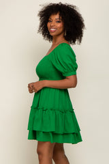 Green Puff Sleeve Ruffle Accent Dress