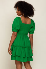 Green Puff Sleeve Ruffle Accent Dress