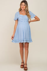 Light Blue Pleated Ruffle Maternity Dress