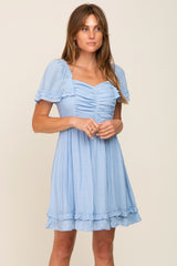 Light Blue Pleated Ruffle Maternity Dress