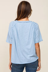 Light Blue Front Pocket Raw Edge Trim Short Sleeve Top