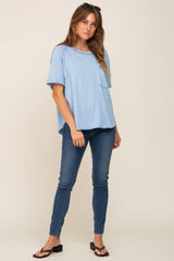 Light Blue Front Pocket Raw Edge Trim Short Sleeve Top