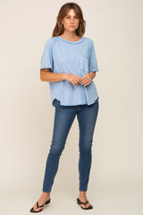 Light Blue Front Pocket Raw Edge Trim Short Sleeve Top