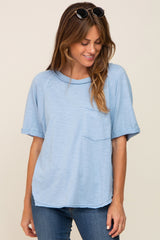 Light Blue Front Pocket Raw Edge Trim Short Sleeve Top