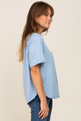 Light Blue Front Pocket Raw Edge Trim Short Sleeve Top