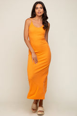 Orange Ribbed Sleeveless Maxi Dress