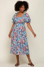 Blue Floral Shimmer Chiffon Ruffle Square Neck Smocked Midi Dress